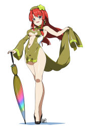 Rule 34 | 1girl, alternate costume, bare legs, blue eyes, blush, braid, breasts, center opening, chinese clothes, closed umbrella, crossed legs, detached sleeves, female focus, full body, hat, high heels, hong meiling, hyouju issei, large breasts, long hair, long legs, looking at viewer, navel, pelvic curtain, planted, planted umbrella, race queen, red hair, shoes, simple background, smile, solo, star (symbol), touhou, twin braids, umbrella, underboob, watson cross, white background