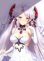 Rule 34 | 1girl, adapted costume, alternate costume, antenna hair, armpits, azur lane, bare shoulders, between legs, blush, breasts, bridal gauntlets, bridal veil, brown eyes, cleavage, clothes lift, collarbone, cross, dress, dress lift, finger to mouth, flower, gloves, hair between eyes, hair ornament, headgear, highres, iron cross, jewelry, large breasts, lifted by self, long hair, looking at viewer, mole, mole on breast, multicolored hair, nail polish, nanairo fuusen, no bra, parted lips, prinz eugen (azur lane), prinz eugen (symphonic fate) (azur lane), red hair, ribbon, see-through, smile, solo, streaked hair, tears, two side up, veil, very long hair, wedding dress, white dress, white flower, white gloves, white hair