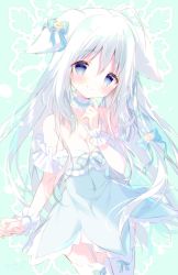 Rule 34 | 1girl, ahoge, animal ears, bare shoulders, blue bow, blue dress, blue eyes, blush, bow, breasts, cleavage, closed mouth, commentary request, dress, garter straps, green background, hair between eyes, hand up, head tilt, highres, indie virtual youtuber, long hair, looking at viewer, medium breasts, official art, sharo futaba, shiratama (shiratamaco), sleeveless, sleeveless dress, smile, solo, thighhighs, very long hair, virtual youtuber, white hair, white thighhighs, wolf ears, wrist cuffs