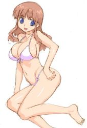 Rule 34 | 1girl, barefoot, bikini, blue eyes, breasts, brown hair, character request, cleavage, collarbone, hirose (mokiki), large breasts, long hair, looking at viewer, navel, open mouth, smile, source request, swimsuit, white background, white bikini
