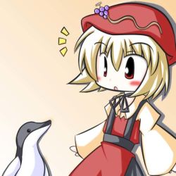 Rule 34 | 1girl, ^^^, aki minoriko, bird, chibi, female focus, food, food as clothes, fruit, grapes, hat, lowres, open mouth, penguin, r pascal, simple background, solo, surprised, touhou