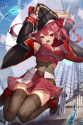 Rule 34 | 1girl, :d, absurdres, arms up, belt, black hat, black jacket, boots, breasts, brown belt, brown footwear, brown thighhighs, commentary, cropped jacket, day, eyepatch, from below, gloves, hair ribbon, hand on headwear, hat, heterochromia, highres, hololive, houshou marine, jacket, jumping, leotard, leotard under clothes, long hair, long sleeves, looking at viewer, medium breasts, open clothes, open jacket, open mouth, pirate hat, pleated skirt, red eyes, red hair, red jacket, red ribbon, red skirt, ribbon, scottie (phantom2), see-through, see-through leotard, ship, skirt, sleeveless, sleeveless jacket, smile, solo, thighhighs, twintails, unworn eyepatch, virtual youtuber, water, watercraft, white gloves, yellow eyes
