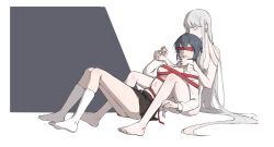 Rule 34 | 2girls, absurdres, asahina yuni, barefoot, black skirt, blindfold, blue hair, breast poke, breasts, cheating (relationship), chinese commentary, closed eyes, collared shirt, commentary request, completely nude, dress shirt, earrings, full body, grey hair, haoxiangkan nutong, highres, jewelry, kneehighs, kyou wa kanojo ga inai kara, long hair, long sleeves, medium breasts, medium hair, miniskirt, multiple girls, navel, no shoes, nude, open clothes, open shirt, parted lips, pleated skirt, poking, red ribbon, ribbon, school uniform, shirt, sidelocks, sitting, skirt, socks, stomach, stud earrings, taki fuuko, very long hair, white background, white shirt, white socks, yuri