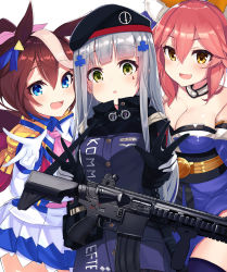 Rule 34 | 10s, 3girls, :d, :o, absurdres, animal ear fluff, animal ears, assault rifle, black gloves, blue eyes, blue kimono, blue thighhighs, blush, breasts, brown eyes, brown hair, character name, cleavage, commentary, crossover, double v, english commentary, epaulettes, facial mark, fate/extra, fate (series), fox ears, girls&#039; frontline, gloves, green eyes, gun, h&amp;k hk416, heckler &amp; koch, highres, hk416 (girls&#039; frontline), holding, holding gun, holding weapon, horse ears, j young, jacket, japanese clothes, kimono, large breasts, long hair, long sleeves, multicolored hair, multiple crossover, multiple girls, name connection, name tag, obi, object namesake, open mouth, parted lips, pink hair, pleated skirt, purple jacket, rifle, sash, simple background, skirt, small breasts, smile, strapless, streaked hair, tamamo (fate), tamamo no mae (fate/extra), thighhighs, tokai teio (umamusume), umamusume, v, very long hair, weapon, white background, white gloves, white hair, white jacket, white skirt