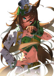 Rule 34 | 1girl, bow, brown hair, commentary request, crop top, cropped jacket, green bow, green eyes, green shirt, hair between eyes, hat, hat bow, head tilt, highres, jacket, long hair, long sleeves, looking at viewer, midriff, mini hat, mini top hat, mr. c.b. (umamusume), navel, shirt, simple background, smile, solo, stomach, strapless, strapless shirt, top hat, umamusume, upper body, very long hair, white background, white hat, white jacket, yakupan