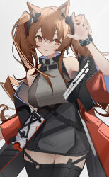 Rule 34 | 1girl, absurdres, angelina (arknights), angelina (endfield) (arknights), animal ears, arknights, arknights: endfield, bare shoulders, black bracelet, black thighhighs, bracelet, breasts, brown eyes, brown hair, chichi guai, coat, cowboy shot, fox ears, fox girl, grey shirt, hair ornament, hand up, highres, infection monitor (arknights), jewelry, large breasts, looking at viewer, off shoulder, open clothes, open coat, parted lips, red coat, shirt, simple background, sleeveless, sleeveless shirt, smile, thighhighs, twintails, white background