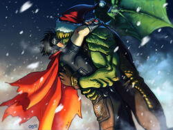 Rule 34 | 2boys, alien, arms around neck, bara, biceps, black bodysuit, black hair, blonde hair, blush, bodysuit, christmas, cloak, colored skin, couple, cris art, dragon wings, feet out of frame, fingerless gloves, forehead protector, gloves, green scales, green skin, hand on another&#039;s back, hat, hug, hulkling, interspecies, kiss, large hands, leaning forward, male focus, marvel, multiple boys, muscular, muscular male, mutual hug, red cloak, santa hat, short hair, sideburns, snowing, snowstorm, thick eyebrows, wiccan, wind, wings, yaoi