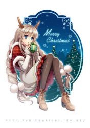 Rule 34 | 1girl, antlers, blue eyes, boots, braid, brown hair, capelet, christmas, christmas tree, gift, hitsuki rei, horns, long hair, merry christmas, original, pantyhose, parted lips, skirt, snowflakes, solo, star (symbol), sweater, twin braids, very long hair, watermark, web address