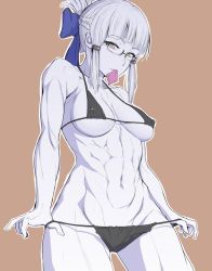 Rule 34 | 1girl, abs, anegawa eiji, bikini, black bikini, blunt bangs, bow, braid, breasts, brown background, condom, condom in mouth, condom wrapper, covered erect nipples, cowboy shot, fate/grand order, fate (series), glasses, hair bow, looking at viewer, medium breasts, mouth hold, muscular, muscular female, pale skin, penthesilea (fate), sidelocks, simple background, solo, swimsuit, toned, undressing, yellow eyes