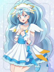 Rule 34 | 1girl, benikoya, blue background, blue eyes, blue hair, blue wrist cuffs, blush, breasts, cowboy shot, cure ange, dress, earrings, gold crown, gradient background, hair ornament, heart pouch, highres, hugtto! precure, jewelry, lipstick, long hair, looking at viewer, magical girl, makeup, open mouth, pointed crown, precure, see-through, see-through sleeves, smile, solo, thick eyelashes, very long hair, wrist cuffs, yakushiji saaya