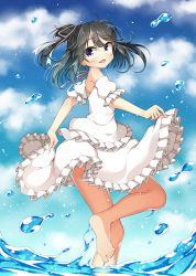 Rule 34 | 1girl, :d, bad feet, bad id, bad pixiv id, bare shoulders, barefoot, black hair, cloud, cloudy sky, day, dress, hair ribbon, kankitsunabe (citrus), long hair, open mouth, original, ponytail, puffy short sleeves, puffy sleeves, purple hair, ribbon, short sleeves, skirt, skirt hold, sky, smile, solo, water, white dress