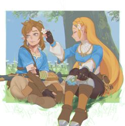 1boy 1girl averting_eyes black_pants blonde_hair blue_eyes blue_shirt boots brown_footwear brown_hair brown_pants champion&#039;s_tunic_(zelda) closed_eyes flower hair_flower hair_ornament highres indian_style ivy_(sena0119) knees_up link looking_to_the_side nintendo outdoors pants pointy_ears princess_zelda shirt sitting smile the_legend_of_zelda the_legend_of_zelda:_breath_of_the_wild tree under_tree white_flower