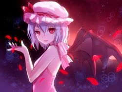Rule 34 | 1girl, alternate costume, bad id, bad twitter id, bat wings, blue hair, bow, colorized, hat, hat bow, mob cap, nunucco, open mouth, petals, red eyes, remilia scarlet, ribbon, short hair, sketch, sleeveless, smile, solo, touhou, wings