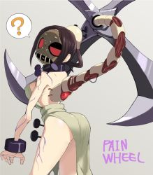 Rule 34 | 1girl, ?, accio, arched back, ass, back, backless outfit, bad id, bad pixiv id, black hair, blade, blood, breasts, brown hair, character name, dress, english text, large breasts, looking back, mask, nail, nail polish, painwheel (skullgirls), ponytail, red eyes, scar, side slit, sideboob, skullgirls, solo, strapless, strapless dress, veins