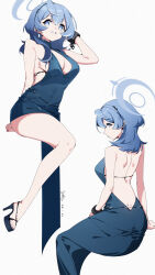 Rule 34 | 1girl, absurdres, ako (blue archive), ako (dress) (blue archive), ass, backless dress, backless outfit, black footwear, blue archive, blue dress, blue eyes, blue hair, blue halo, breasts, cuffs, dress, grin, hair between eyes, halo, handcuffs, high heels, highres, inseki11, large breasts, long hair, multiple views, official alternate costume, open mouth, sideboob, simple background, sleeveless, sleeveless dress, smile, white background