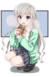 Rule 34 | 1girl, black footwear, blue eyes, blush stickers, brown nails, cardigan, collared shirt, commentary, food, full body, green cardigan, grey hair, grey skirt, hair between eyes, highres, hisakawa hayate, holding, holding food, idolmaster, idolmaster cinderella girls, idolmaster cinderella girls starlight stage, long hair, long sleeves, looking at viewer, nail polish, open cardigan, open clothes, open mouth, plaid, plaid skirt, pleated skirt, roasted sweet potato, school uniform, shadow, shirt, shiwa (siwaa0419), shoes, skirt, sleeves past wrists, solo, squatting, sweet potato, very long hair, white shirt