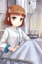 Rule 34 | 1girl, bed, blunt bangs, brown eyes, brown hair, expressionless, hair ornament, hairpin, half updo, hospital bed, intravenous drip, lowres, lucca (sword girls), sitting, solo, striped, sword girls
