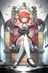 Rule 34 | &gt;:3, 10s, 1girl, :3, absurdres, ayatarosu, bare shoulders, bat hair ornament, black dress, black feathers, black footwear, black gloves, blush, bread, breasts, checkered floor, cleavage, collarbone, column, crossed legs, demon girl, demon horns, demon wings, dress, elbow gloves, eyebrows, fang, feathers, food, foreshortening, frills, from below, full body, gabriel dropout, gargoyle, gloves, hair ornament, hair rings, halter dress, halterneck, hand on own knee, highres, holding, holding food, horns, indoors, long hair, looking at viewer, medium breasts, melon bread, open mouth, petticoat, pillar, purple eyes, red hair, reflection, satanichia kurumizawa mcdowell, shadow, sitting, smile, solo, thighhighs, throne, tsurime, v-shaped eyebrows, white thighhighs, wings