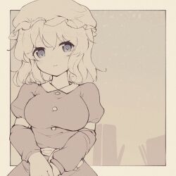 Rule 34 | 1girl, breasts, buttons, closed mouth, commentary request, dress, greyscale, happy, hat, head tilt, highres, juliet sleeves, long sleeves, maribel hearn, medium breasts, medium hair, mob cap, monochrome, nazawa (nother), puffy sleeves, sash, smile, solo, touhou