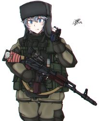 Rule 34 | 1girl, ak-74, aks-74, ammunition pouch, androgynous, assault rifle, black gloves, black jacket, black pants, blue eyes, blue hair, body armor, brown jacket, brown pants, chest harness, commentary, cowboy shot, folding stock, food, fur hat, gloves, grey hat, grey jacket, gun, gun sling, hair between eyes, harness, hat, highres, holding, holding food, holding gun, holding weapon, jacket, kalashnikov rifle, load bearing equipment, long sleeves, looking at viewer, military jacket, mmmn540d88, multicolored clothes, multicolored jacket, muzzle device, optical sight, original, pants, partially fingerless gloves, pocket, pouch, rifle, short hair, signature, simple background, solo, squiggle, tactical clothes, tongue, tongue out, two-tone jacket, two-tone pants, ushanka, weapon, white background