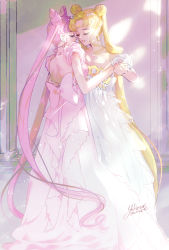 Rule 34 | 2girls, aged up, artist name, backless dress, backless outfit, bishoujo senshi sailor moon, blonde hair, closed eyes, collarbone, cone hair bun, crescent, crescent facial mark, dancing, double bun, dress, earrings, eyelashes, facial mark, hair bun, hand on another&#039;s back, highres, holding hands, incest, jewelry, long hair, mother and daughter, multiple girls, pink dress, pink hair, princess serenity, signature, small lady serenity, strapless, strapless dress, twintails, very long hair, white dress, yukinami (paru26i)