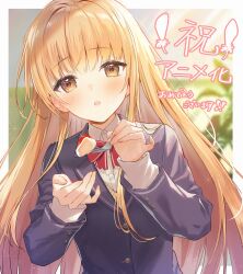 Rule 34 | 1girl, :o, blazer, blonde hair, blurry, blurry background, blush, border, bow, bowtie, brown eyes, buttoned cuffs, buttons, collared shirt, congratulations, copyright name, dress shirt, flower pot, food, fork, fruit, haru (hiyori-kohal), highres, holding, holding fork, incoming food, jacket, lapels, layered clothes, layered sleeves, light particles, long hair, long sleeves, looking at viewer, notched lapels, otonari no tenshi-sama ni itsu no mani ka dame ningen ni sarete ita ken, outside border, parted lips, plant, potted plant, red bow, red bowtie, shiina mahiru (otonari no tenshi-sama), shirt, solo, sparkle, straight hair, strawberry, upper body, w arms, white border, white shirt, wing collar