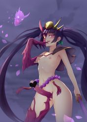 Rule 34 | 1futa, bad id, bad pixiv id, beads, belly chain, black hair, blunt bangs, breasts, capelet, censored, claws, cloud, cloudy sky, cowboy shot, demon girl, demon horns, earrings, erection, finger to mouth, from below, futanari, headpiece, heart, heart censor, heterochromia, highres, holding, holding sword, holding weapon, horns, jewelry, long hair, looking at viewer, magatama, magatama earrings, mask, naughty face, navel, nipples, no testicles, nude, open mouth, penis, petals, pointless censoring, purple eyes, pussy, puzzle &amp; dragons, ribs, single horn, sky, small breasts, smile, solo, sword, tassel, tongue, transparent censoring, tsukuyomi (p&amp;d), twintails, very long hair, waero, weapon, yellow eyes, yomi (p&amp;d)