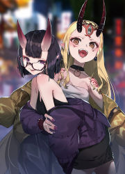 Rule 34 | 2girls, bare shoulders, black choker, black dress, black hair, blonde hair, blurry, blurry background, brown-framed eyewear, brown eyes, choker, collarbone, commentary request, depth of field, dress, earrings, eyebrows hidden by hair, facial mark, fate/grand order, fate (series), fingernails, forehead mark, glasses, highres, horns, ibaraki douji (fate), jacket, jewelry, leaning forward, long hair, long sleeves, multiple girls, nail polish, off shoulder, oni, open clothes, open jacket, parted bangs, pointy ears, puffy long sleeves, puffy sleeves, purple eyes, purple jacket, purple nails, rolua, semi-rimless eyewear, short eyebrows, short hair, shoulder tattoo, shuten douji (fate), skin-covered horns, sleeveless, sleeveless dress, tattoo, thick eyebrows, under-rim eyewear, very long hair, yellow jacket
