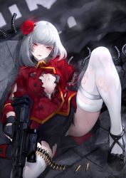 Rule 34 | 1girl, absurdres, amputee, android, asagon007, blood, blood from mouth, blood on clothes, blood on face, bullet, cyborg, damaged, flower, grey eyes, gun, hair ornament, highres, injury, jacket, mechanical arms, mechanical parts, original, red eyes, rifle, robot, rose, science fiction, shell casing, single mechanical arm, solo, thighhighs, torn clothes, weapon