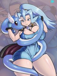Rule 34 | 1girl, bad id, bad pixiv id, bestiality, blue eyes, blue gloves, blue hair, breast lift, breasts, cameltoe, clair (pokemon), creature, creatures (company), curvy, deep skin, dragonair, frottage, game freak, gen 1 pokemon, gloves, gym leader, highres, horns, huge breasts, nintendo, pokemon, pokemon (creature), pokephilia, randomboobguy, single horn, thick thighs, thighs, unitard, wide hips