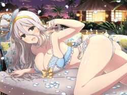 Rule 34 | 1girl, ass, blush, bow, breasts, bush, choker, cleavage, cloud, collarbone, couch, evening, falling petals, gekkou (senran kagura), green eyes, grey hair, hair between eyes, hairband, hat, highres, hut, large breasts, lingerie, long hair, looking at viewer, mini hat, mini top hat, official alternate costume, official art, on couch, open mouth, palm leaf, palm tree, petals, pillow, plant, pool, senran kagura, senran kagura new link, smile, solo, top hat, tree, umbrella, underwear, yaegashi nan, yellow bow