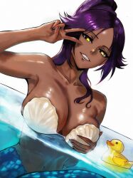 1girl bare_shoulders bion_(insomn_bion) bleach breasts cleavage collarbone commentary dark-skinned_female dark_skin english_commentary hand_on_own_chest highres large_breasts long_hair looking_at_viewer mermaid monster_girl nail_polish navel parted_bangs partially_submerged ponytail purple_hair purple_nails rubber_duck shell shell_bikini shihouin_yoruichi smile solo stomach v v_over_eye water yellow_eyes