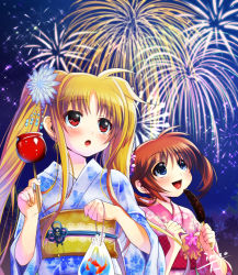 Rule 34 | 2girls, alternate hairstyle, artist name, bag, blonde hair, blue eyes, blue kimono, brown hair, candy apple, chocolate banana, commentary request, fate testarossa, fireworks, fish, floral print, flower, food, fundoshi inao, goldfish, hair flower, hair ornament, holding, holding food, japanese clothes, kimono, long hair, looking up, lyrical nanoha, mahou shoujo lyrical nanoha, md5 mismatch, multiple girls, night, open mouth, outdoors, pink kimono, ponytail, print kimono, red eyes, resolution mismatch, short hair, short twintails, signature, sky, smile, source smaller, star (sky), starry sky, summer festival, takamachi nanoha, twintails, upper body, yukata