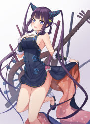 Rule 34 | 1girl, bare shoulders, blue dress, blue eyes, blue footwear, blue sleeves, blunt bangs, blush, breasts, china dress, chinese clothes, cleavage, detached sleeves, dress, fate/grand order, fate (series), flute, foot out of frame, funii, hair ornament, hair rings, hand on own chest, hand up, highres, instrument, leaf hair ornament, leg up, long hair, pelvic curtain, pipa (instrument), purple hair, side slit, sidelocks, skirt hold, solo, twintails, very long hair, yang guifei (fate), yang guifei (second ascension) (fate)