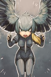 Rule 34 | 10s, 1girl, absurdres, black gloves, bodystocking, claw pose, commentary, fingerless gloves, gloves, green eyes, grey hair, grey shirt, grey shorts, grey theme, hair between eyes, head wings, highres, kemono friends, looking at viewer, necktie, okojo ojoko, open mouth, outline, pantyhose, shirt, shoebill (kemono friends), short sleeves, shorts, solo, spread wings, tail, teeth, white necktie, white outline, wings