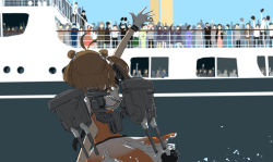 Rule 34 | 10s, ahoge, arm up, brown hair, cannon, crowd, double bun, from behind, gloves, highres, imai tetsuya, kantai collection, machinery, multiple boys, multiple girls, naka (kancolle), people, railing, sailor collar, ship, sleeveless, turret, vest, watercraft, waving, white gloves, window