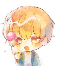 Rule 34 | 1boy, blonde hair, chibi, colored eyelashes, commentary, flying sweatdrops, green jacket, holding food, holding ice cream, ice cream, ice cream scoop, jacket, light particles, limbus company, long sleeves, lowres, male focus, open clothes, open jacket, open mouth, project moon, purple shirt, shirt, short hair, simple background, sinclair (project moon), sketch, solo, somangsticker, sweat, white background, yellow eyes