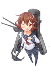 Rule 34 | 10s, 1girl, anchor, black pantyhose, brown eyes, brown hair, cannon, chigusa, collarbone, fang, hair ornament, hairclip, ikazuchi (kancolle), kantai collection, long sleeves, one eye closed, open mouth, pantyhose, personification, school uniform, serafuku, short hair, skirt, solo, thighhighs, turret, weapon, white background, wink