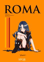 Rule 34 | 1girl, absurdres, artist name, as roma, azur lane, black hair, black socks, blue eyes, character name, closed mouth, heterochromia, highres, jersey, kneehighs, knees up, long hair, looking at viewer, name connection, orange background, parted bangs, roguephalanxx, roma (azur lane), serie a, short sleeves, simple background, sitting, smile, soccer uniform, socks, solo, sportswear, very long hair, yellow eyes