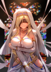 Rule 34 | 10s, 1girl, absurdres, aduo, blindfold, blonde hair, breast hold, breasts, cape, choker, cleavage, detached sleeves, dress, goblin slayer!, highres, hip focus, hip vent, jewelry, large breasts, long hair, looking at viewer, necklace, no panties, sleeveless, sleeveless dress, smile, solo, strapless, strapless dress, sword maiden