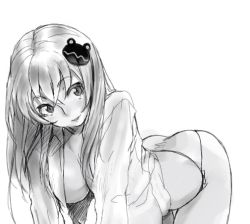 Rule 34 | 1girl, all fours, ass, breasts, female focus, frog hair ornament, greyscale, hair ornament, kirisato itsuki, kochiya sanae, large breasts, monochrome, no bra, open clothes, open shirt, panties, parted lips, shirt, sketch, solo, touhou, underwear