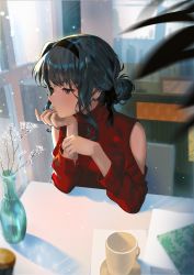 Rule 34 | 1girl, arutera, bare shoulders, black eyes, black hair, black hairband, blurry, casual, closed mouth, clothing cutout, commentary, cup, day, depth of field, earrings, english commentary, flower, hair bun, hairband, half-closed eyes, hand on own chin, highres, indoors, jewelry, long hair, long sleeves, looking away, looking to the side, mug, original, paper, red sweater, shoulder cutout, single hair bun, sitting, solo, sparkle, stud earrings, sweater, table, turtleneck, turtleneck sweater, upper body, vase, window