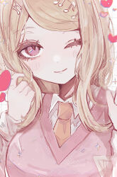 Rule 34 | 1girl, ;), akamatsu kaede, blonde hair, blush, breasts, brown necktie, danganronpa (series), danganronpa v3: killing harmony, fortissimo, hair ornament, hand up, heart, large breasts, long hair, long sleeves, looking at viewer, musical note, musical note hair ornament, naruse (nal1525), necktie, one eye closed, pink eyes, pink sweater vest, smile, solo, sweater vest, swept bangs