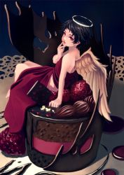 Rule 34 | 1girl, angel, angel wings, bad id, bad pixiv id, black hair, blue background, cake, chocolate, chocolate cake, chocolate syrup, dress, food, from side, fruit, halo, highres, icing, in food, legs together, looking at viewer, mini person, minigirl, mole, mole under eye, original, raspberry, red dress, red eyes, red lips, sakurame kurame, short hair, sitting, solo, strawberry, valentine, very short hair, wings