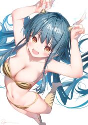 Rule 34 | 1girl, animal print, arms up, bikini, blue hair, blush, breasts, brown eyes, cleavage, cone horns, electricity, electrokinesis, highres, horns, long hair, looking at viewer, lum, medium breasts, navel, oni, open mouth, pointing, pointing up, print bikini, print footwear, ryota (ry o ta), sidelocks, signature, simple background, solo, stomach, strapless, strapless bikini, swimsuit, tiger print, urusei yatsura, white background
