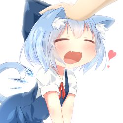 Rule 34 | 1girl, akisha, all fours, animal ears, bad id, bad pixiv id, blue dress, blue hair, blush, bow, cat ears, cat tail, cirno, closed eyes, dress, fangs, hair bow, hand on head, head pat, headpat, heart, highres, ice, kemonomimi mode, open mouth, petticoat, puffy sleeves, shirt, short sleeves, simple background, smile, solo focus, tail, touhou, white background