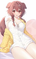 Rule 34 | 14 (vision5032), 1girl, adapted costume, animal ears, blush, bone hair ornament, braid, breasts, brown hair, camisole, cleavage, commentary, cowboy shot, dog ears, dog girl, dog tail, fangs, hair between eyes, hair ornament, highres, hololive, inugami korone, jacket, large breasts, leaning back, looking at viewer, medium hair, open clothes, open jacket, open mouth, red eyes, simple background, sitting, smile, solo, strap slip, tail, thighs, twin braids, twintails, virtual youtuber, white background, white camisole, yellow jacket