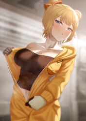 Rule 34 | 1girl, alternate costume, blonde hair, blue eyes, blurry, blurry background, blush, breast pocket, breasts, cipher4109, collarbone, commentary, double bun, english commentary, eyelashes, gloves, hair bun, hair ornament, hairpin, highres, hololive, hololive english, hot, large breasts, long sleeves, looking at viewer, looking to the side, midriff peek, mole, mole on breast, official alternate costume, parted lips, pocket, refraction, short hair, sidelocks, spacesuit, sweat, turning head, underwear, undressing, virtual youtuber, watson amelia, watson amelia (astronaut)