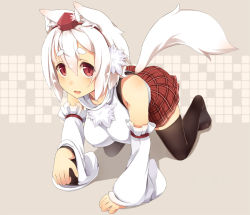 Rule 34 | 1 mutsuki, 1girl, all fours, animal ears, black thighhighs, blush, breasts, detached sleeves, eyebrows, fang, hat, inubashiri momiji, large breasts, looking at viewer, plaid, plaid skirt, red eyes, short eyebrows, short hair, skirt, solo, tail, thick eyebrows, thighhighs, tokin hat, touhou, white hair, wolf ears, wolf tail, zettai ryouiki