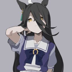 Rule 34 | 1girl, ahoge, animal ears, arm up, black hair, bow, closed mouth, commentary request, earrings, grey background, hair between eyes, highres, horse ears, horse girl, jewelry, long hair, looking at viewer, manhattan cafe (umamusume), multicolored hair, puffy short sleeves, puffy sleeves, purple bow, purple shirt, quraqura nemii, sailor collar, school uniform, shirt, short sleeves, simple background, single earring, solo, streaked hair, summer uniform, tracen school uniform, umamusume, upper body, white hair, yellow eyes